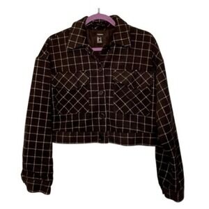 Forever 21 Cropped Plaid‎ Blazer Black White Tweed Knit Long Sleeve Notch Collar